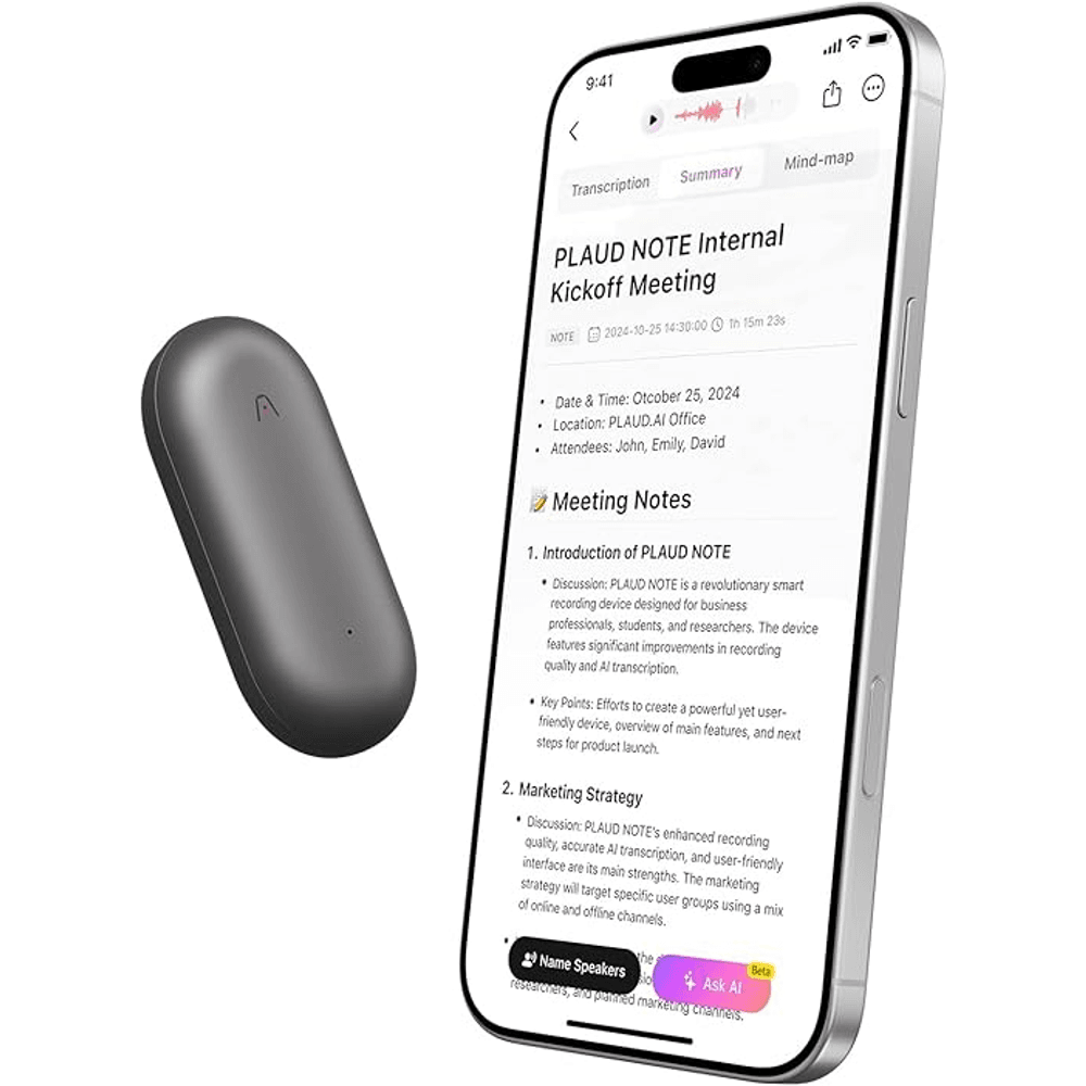 AI Voice Recorder, PLAUD NotePIN Voice Recorder, App Control, Transcribe & Summarize Empowered by ChatGPT, Support 59 Languages, 64GB Memory, Gray