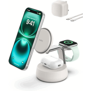 Belkin UltraCharge Pro Wireless Charging Station 25W, 3-in-1 Qi2.2 Certified MagSafe Compatible Charger for iPhone 17, Air, Apple Watch, AirPods, Pixelsnap, with Cooling Fan, 45W Adapter - Sand