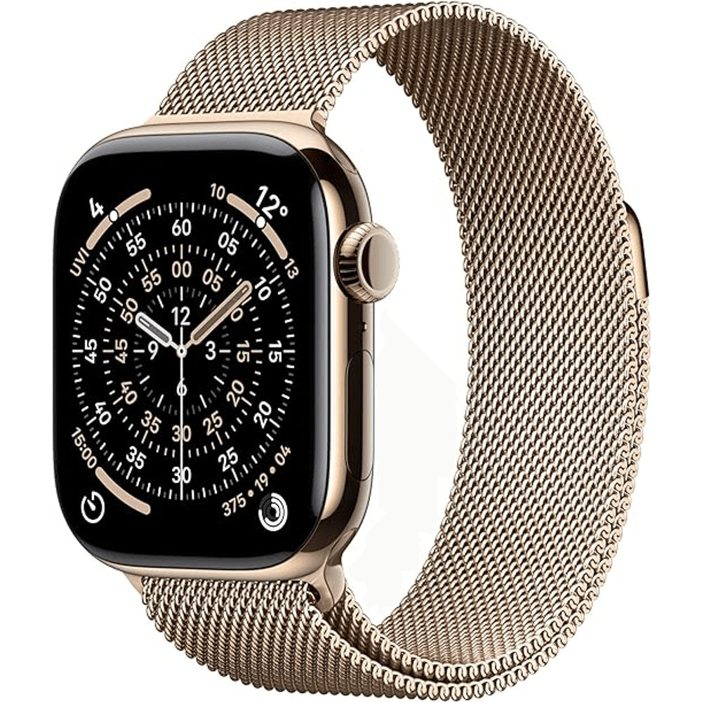 Apple Watch Series 11 GPS + Cellular 42mm Smartwatch with Gold Titanium Case with Gold Milanese Loop. Sleep Score, Fitness Tracker, Health Monitoring, Always-On Display, Water Resistant